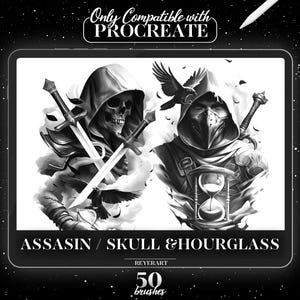Peut inclure: Illustration numérique en noir et blanc d'un assassin avec un crâne et un sablier. L'assassin porte une cape à capuche et tient une épée. Le texte "Assassin/Skull & Hourglass" est en bas de l'image. Le texte "REYERART" est sous le texte "Assassin/Skull & Hourglass". Le texte "50 brushes" est sous le texte "REYERART".