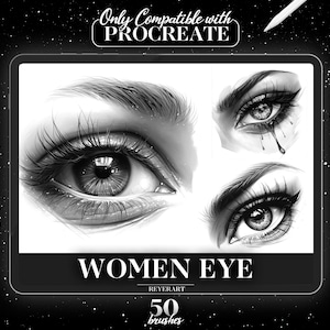 May include: A digital illustration of three different women's eyes, each with a unique style of makeup. The image is labelled "Women Eye" and "50 brushes" and is compatible with Procreate.
