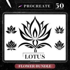 Può includere: Illustrazione digitale in bianco e nero di un fiore di loto con cinque petali. L'immagine fa parte di un set di 50 disegni di fiori per Procreate.