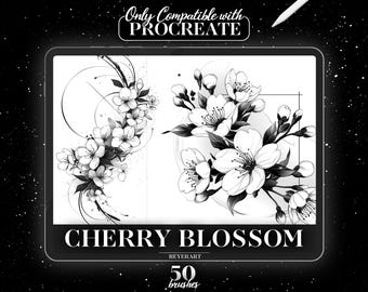 Cherry Blossom Procreate Brush Set | 50 High-Quality Digital Brushes | Sakura Tattoo Designs | Floral Art for Procreate