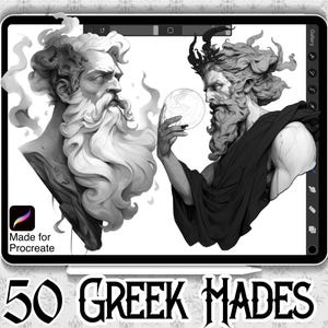 Może przedstawiać: Czarno-biała ilustracja cyfrowa dwóch greckich bogów, jeden z brodą i długimi włosami, drugi z brodą i rogami. Tekst "50 GREEK MADES" znajduje się na dole obrazu. Obraz znajduje się na ekranie tabletu z tekstem "Made for Procreate" w fioletowym polu.