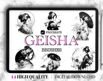 May include: A set of 14 digital brushes for Procreate featuring black and white illustrations of geishas in various poses. The brushes are designed for use in digital art and illustration.