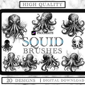 Squid Designs for Procreate / tattoo stamp - 20 designs - stamps digital for iPad - unique illustration flash - Squid Tattoo