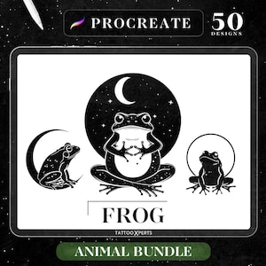 May include: A set of 50 black and white frog illustrations for Procreate. The illustrations feature frogs in different poses, including a frog sitting on a crescent moon, a frog with its arms crossed, and a frog with its mouth open. The illustrations are perfect for use in digital art, scrapbooking, and other creative projects.