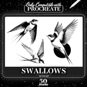 以下が含まれることがあります： 白黒のツバメが3羽飛んでいるデジタルイラスト。画像は「Swallows」というタイトルで、アーティストの名前「Reyerart」と「50 brushes」という数字がタイトルの下に書かれている。「Only Compatible with Procreate」というテキストが画像の上部に表示されている。