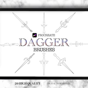 May include: A set of 20 Procreate dagger brushes for digital art. The image shows a white background with black outlines of various dagger shapes.