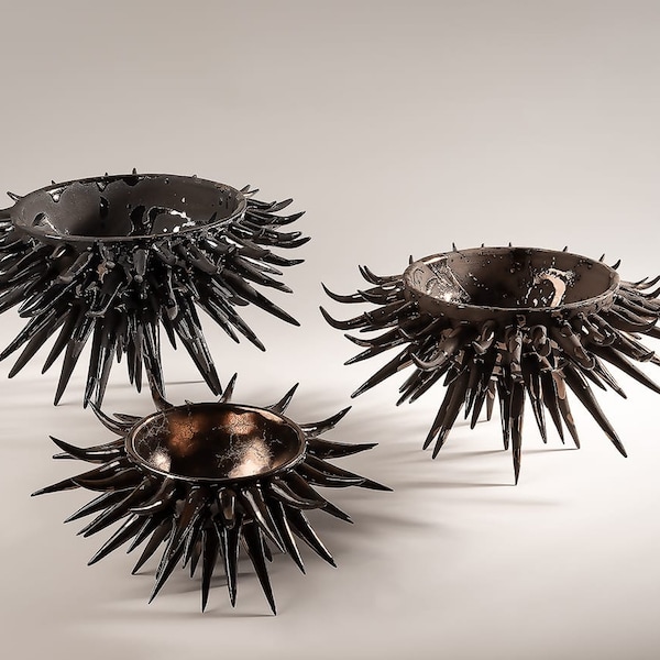 Set of black spike bowls, Handmade ceramic conker bowls, Modern pottery bowls with bronze, Modern serving dishes, Vase for snacks and fruits