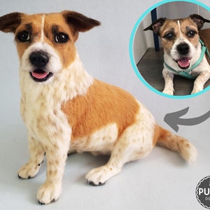 May include: A detailed dog sculpture in brown, white, and tan, with a happy expression. The sculpture has realistic fur and features, and a smaller photo of the dog is in a circle. The Puffy Decor logo is in the bottom right corner.