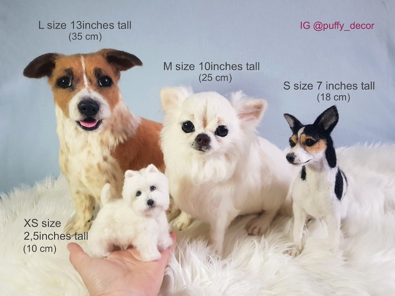 May include: A selection of handmade dog sculptures in different sizes. The largest is a Jack Russell Terrier, 35 cm tall, and the smallest is a white dog, 10 cm tall. Other breeds include a Chihuahua and a black and white dog. IG @puffy_decor.