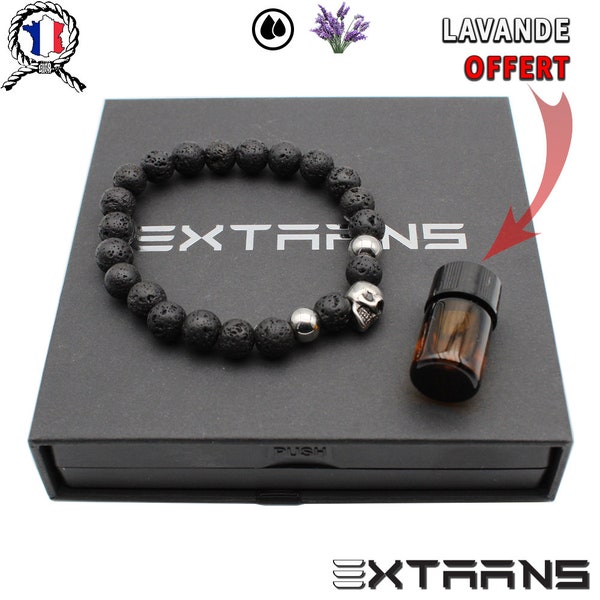 Bracelet Tête de Mort Perle de Lave 8mm | Bracelet Skull Pierre Volcanique | Bracelet Diffuseur Huile Essentielle Lavande (Huile Offerte)