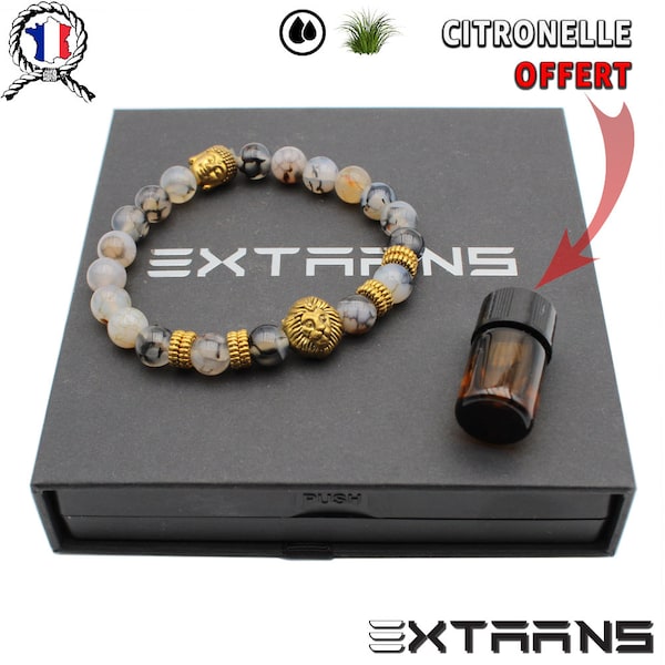 Bracelet en Pierre Naturelle Agate Véritable Motif Bouddha et Lion | Bracelet Perle Agate et Huile Essentielle Citronnelle (Huile Offerte)