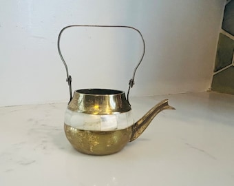 Vintage Brass and Mother of Pearl Small Tea Kettle