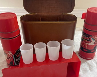 Vintage 2 Thermos Aladdin Sandwich Box Picnic Set With Brown leather Carry Bag & Cups