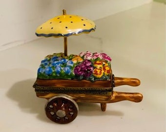 Flower Cart - Low Numbered Limoge - Elda Creations Hand Painted Hinged Trinket Box -