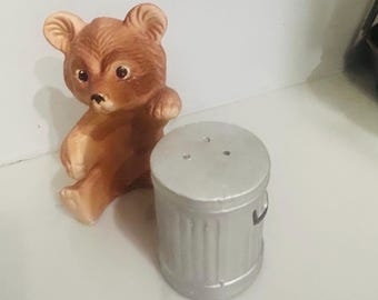 Vintage 1960’snBear with Trash Can Salt and Pepper Shakers - 3 3/4” tall