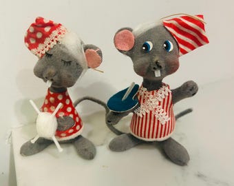 Vintage Mice Ornaments Gray Flocked Felt Pair Boy and Girl 1950s Hong Kong Set of 2
