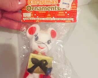 Vintage 1960’s new old stock flocked Christmas mouse ornament