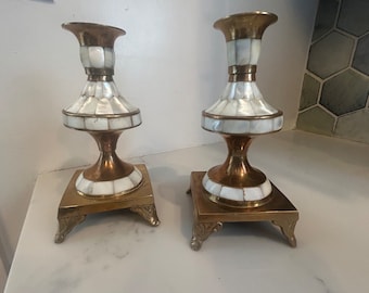 Brass Mother of Pearl Inlay Footed Candlestick Candle Holders Set of 2