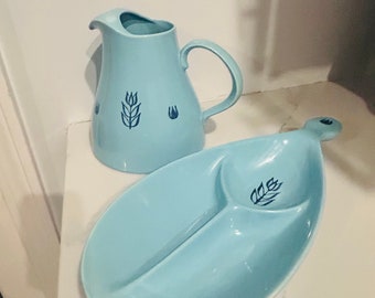 Vintage Mid Century Cameron Clay Pottery Cronin Dutch Blue Tulip Pottery Made in the USA Pitcher & Divided platter