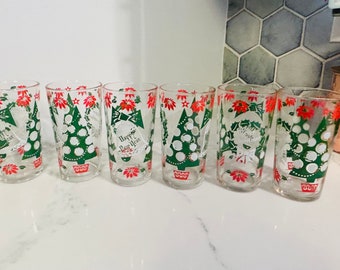 Set of Six (6) Vintage Hazel Atlas Holiday Tumblers - Merry Christmas and Happy New Year