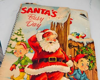 Vintage 1953 Santa's Busy Day Christmas Spiral Bound Pop Up Book