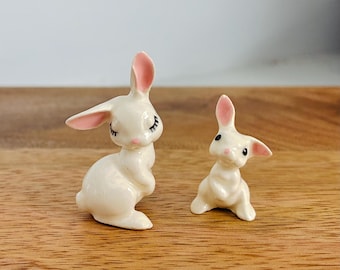 Vintage Hagen-Renaker Mama Flirty Rabbit and a matching Baby Rabbit porcelain figurine set