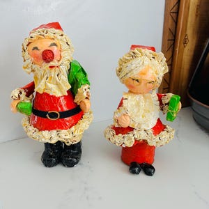 vintage 1960 set of hand-painted paper-mâché Santa Claus and Mrs. Claus