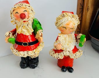 vintage 1960 set of hand-painted paper-mâché Santa Claus and Mrs. Claus