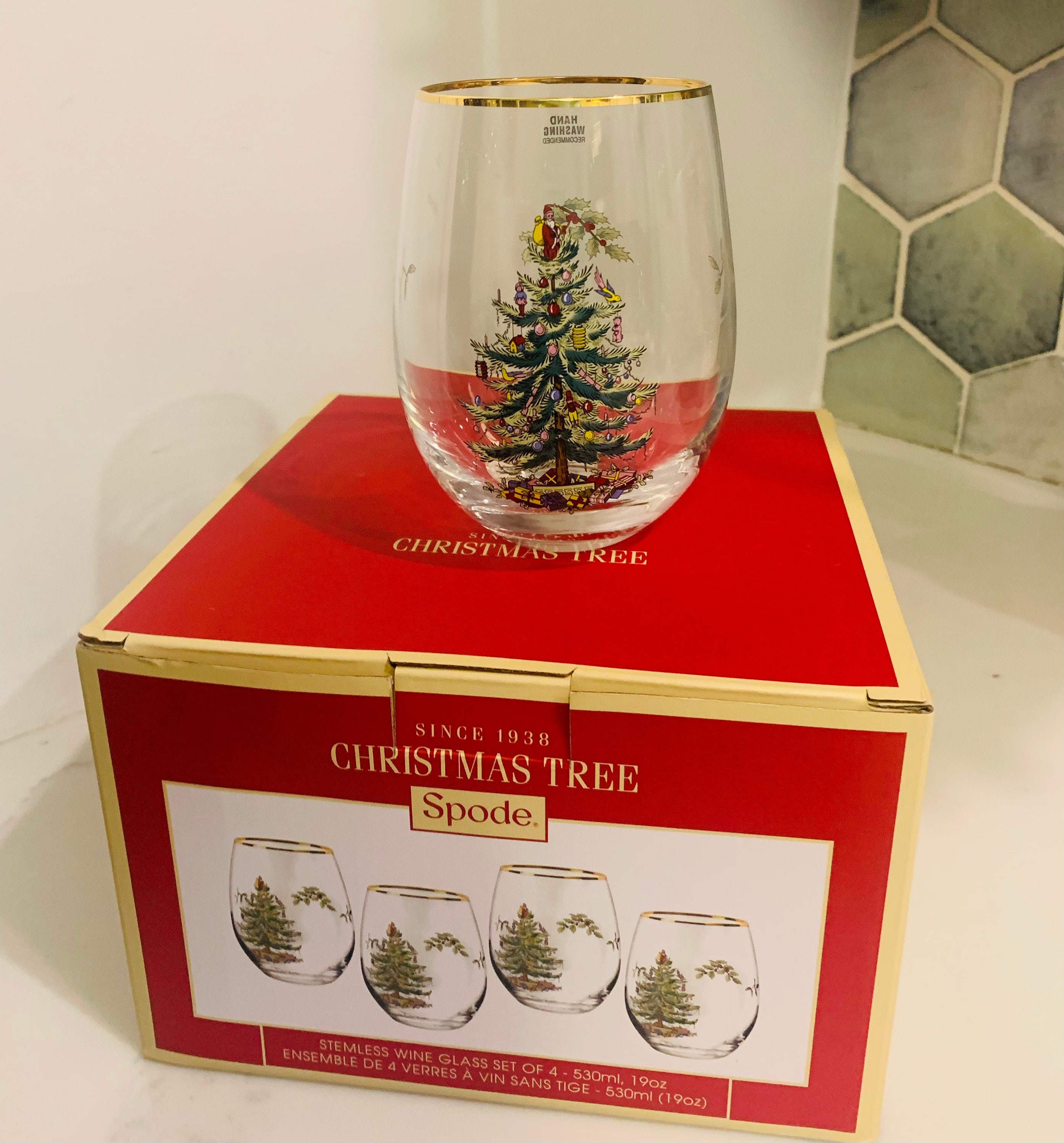 Four 4 New Spode Christmas Tree Stemless Wine Glasses 