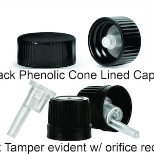 May include: Black phenolic cone lined caps with tamper evident closures and orifice reducers. The caps are black and have a ribbed design. The closures are clear and have a small hole in the center. The orifice reducers are clear and have a small opening.