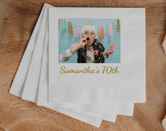 Custom Birthday Party Napkins with Photo • Personalized Cocktail Napkins • 30th 40th 50th 60th 70th 80th Picture Napkins • Table Party Decor