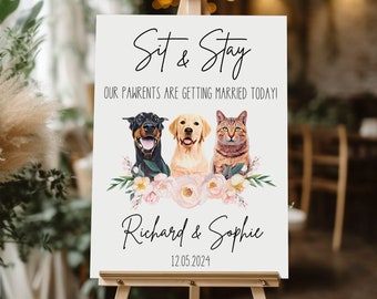 Custom Sit & Stay Pet Welcome Sign with Stand • Personalized Wedding Board with Dog's Photo • Cat Drink Sign Decor • Modern Minimalist Sign