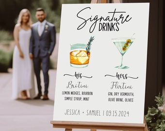Custom His Hers Signature Drink Sign with Stand • Personalized Bride and Groom Drinks • Minimalist Bar Menu • Printable Cocktail Bar Menu