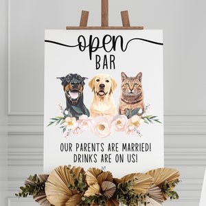 Custom Pet Open Bar Sign with Stand • Personalized Wedding Board with Dog's Photo • Cat Drink Sign Decor • Modern Minimalist Wedding Sign