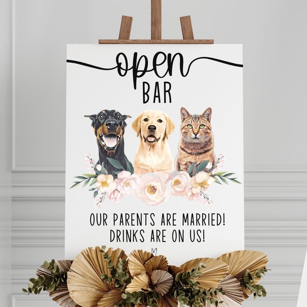 Custom Pet Open Bar Sign with Stand • Personalized Wedding Board with 1 2 3 Pets • Dog Mom Dad Wedding Sign • Pet Parents Wedding Decor