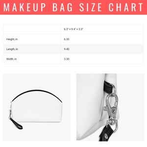 May include: White makeup bag with a black zipper and wrist strap. The bag's dimensions are listed as 6.3" x 9.4" x 3.3". The text "MAKEUP BAG SIZE CHART" is displayed at the top of the image.