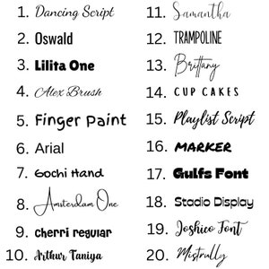 May include: A list of 20 different fonts, each with a number and name. The fonts are displayed in black text on a white background.