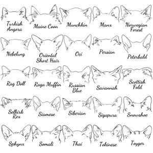 May include: Line drawing illustrations of 20 different cat breeds, including Turkish Angora, Maine Coon, Munchkin, Manx, Norwegian Forest, Nebelung, Oriental Short Hair, Oci, Persian, Peterbald, Rag Doll, Raga Muffin, Russian Blue, Savannah, Scottish Fold, Selkirk Rex, Siamese, Siberian, Sigapura, Snowshoe, Sphynx, Somali, Thai, Tokinese, and Toyger.