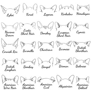 May include: Line art illustrations of different cat breeds, including the Lykoi, Korat, Laperm, Kinkalow, Himalayan, Havana Brown, Exotic Short Hair, Donskoy, European Short Hair, Cymric, Cornish Rex, Burmilla, Chartreux, Burmese, British Shorthair, British Longhair, Bombay, Bengal, Birman, Balinese, American Wire Hair, American Shorthair, American Curl, Abyssinian, and American Bobtail.