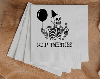 RIP Twenties Cocktail Napkins • Funny 30th Birthday Party Decor • Skeleton Theme Beverage Napkins • 30th Celebration Napkins • Over the Hill