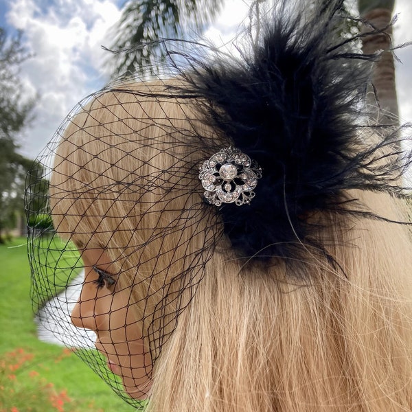 Black Feather Veil, Wedding Black Feather Gatsby Headpiece