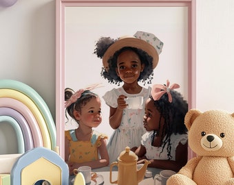 Girls Tea Party Art Print: African American Kids Room Decor (Digital Download)