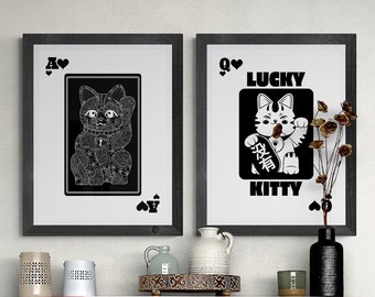 ArtiCoLabs Lucky Cat Black Print, Lucky You, Lucky Kitty, Minimalist Poster, Printable Wall Art