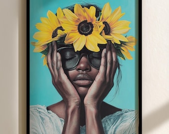 Black Woman Floral Art Print, Afrocentric Peony Floral Art | Colorful Wall Decor