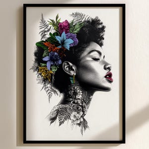 Floral African American Art Print: Black Woman Portrait (Digital Download, Limited Edition of 100