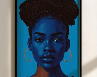 Lámina decorativa de mujer negra: tonos azules afrocéntricos (descarga digital)