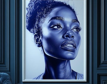 Portret zwarte vrouw | Blauwe geometrische muurkunst | Moderne digitale downloadafdruk
