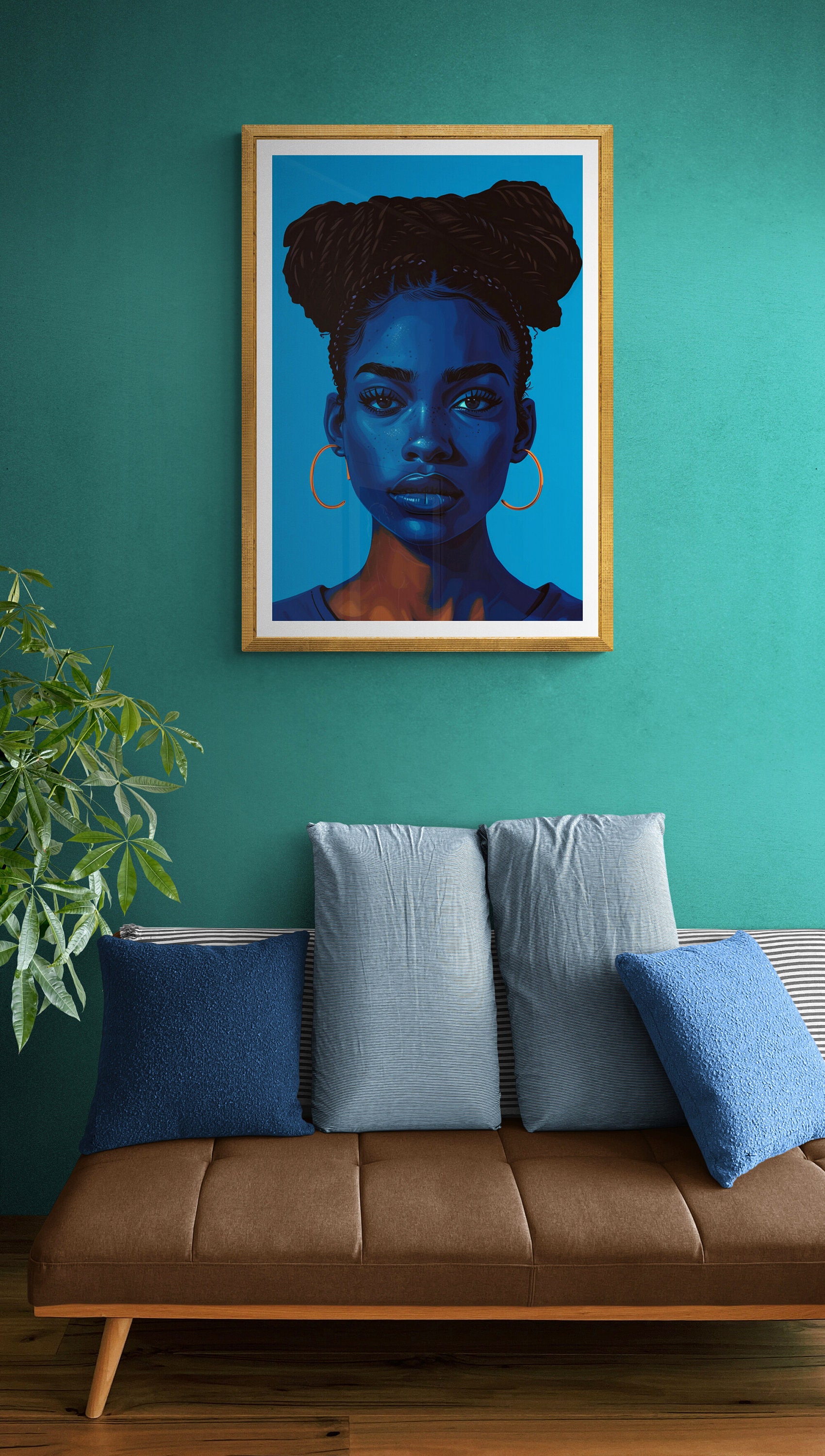 Large Vintage African American Wall Art Black Woman Digital Print Blue