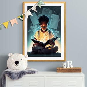Black Boy Reading Art Print: Kids Room Decor (Digital Download)
