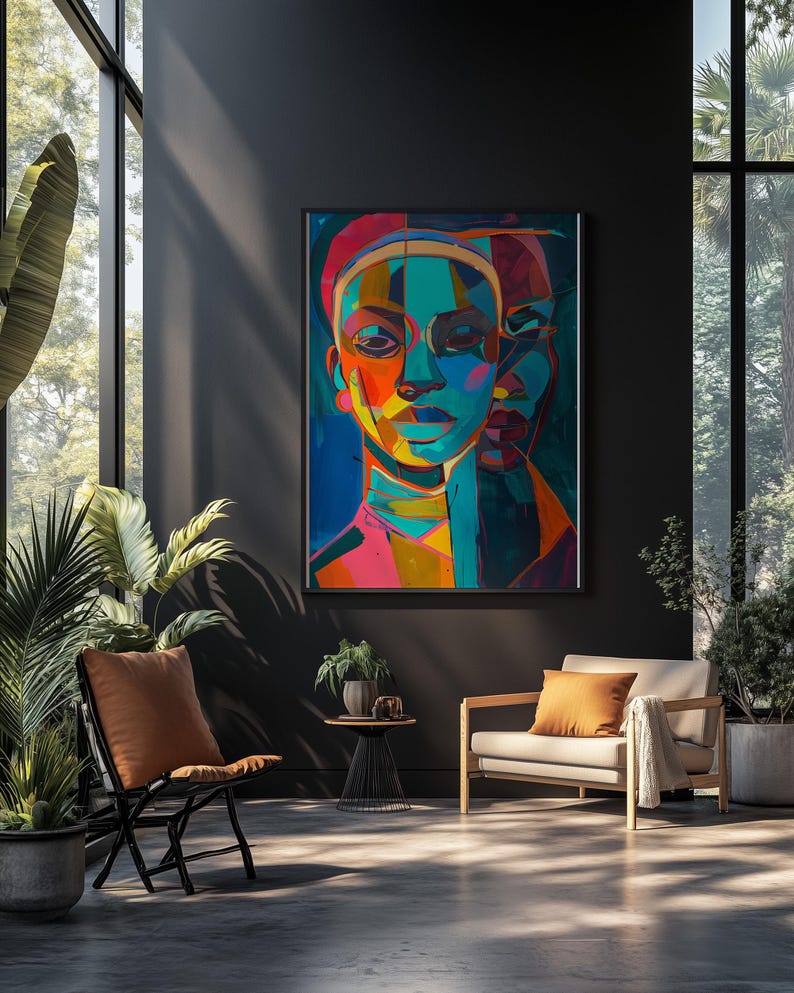 Colorful Abstract Portrait | Geometric Black Woman Wall Art | Modern ...
